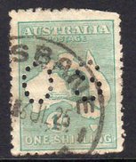Australia 1915-28 1/- Blue-green 'Roo Official, Wmk. 6, Punctured OS, Used, Poor (SG O48) - Service