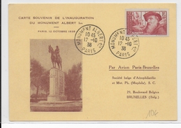 1938 -  CARTE SOUVENIR De L'INAUGURATION Du MONUMENT ALBERT 1° à PARIS Avec OBLITERATION TEMPORAIRE - Covers & Documents