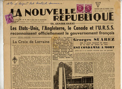 FRANCE PETAIN SUR JOURNAL LA NOUVELLE REPUBLIQUE TAXE A 30C DU 24/10/1944 DE SAUMUR - Newspapers