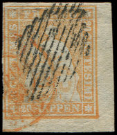 SUISSE 29b : 20r. Orange, Papier Mince, Petit Cdf, Obl. GRILLE Et Càd, Petite Craquelure De Papier Touchant Le Ti - Other & Unclassified