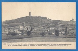 CPA - ESSONNE - LINAS - VUE DE L'EGLISE DE SAINT MERY DE LINAS ET STATION DE TRAMWAY DE PARIS/ARPAJON - - Otros & Sin Clasificación