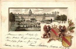 T2/T3 Karlsruhe, Schloss, Passepartoutkarte / Castle Emb. Coat Of Arms Litho (EK) - Unclassified