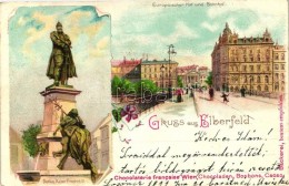 T2 1899 Elberfeld, Europaischer Hof Und Bahnhof, Denkmal Kaiser Friedrich III / Railway Station, Floral Litho - Ohne Zuordnung