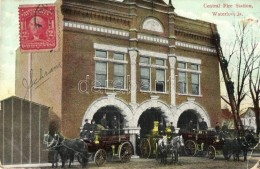 T2/T3 Waterloo, Iowa; Central Fire Station, Firefighters On Horse-drawn Fire Trucks, TCV Card (EK) - Ohne Zuordnung