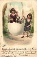 T2/T3 'Boldog Húsvéti ünnepeket!' / Easter Greeting Card, Girls, Rabbits, Egg, Emb. Litho (EK) - Non Classificati