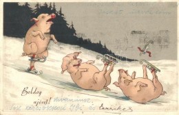 T2/T3 'Boldog újévet!' / New Year Greeting Card With Skating And Falling Pigs, Litho (EK) - Unclassified