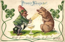 T3 Prosit Neujahr / New Year Greeting Card, Dwarf With Pig Bathing In Champagne, Clovers, Emb. Litho (fa) - Ohne Zuordnung