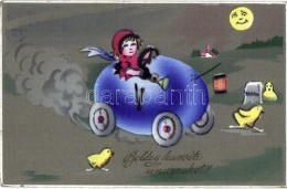 T2 Húsvét / Easter Greeting Card, Girl In Egg Automobile - Ohne Zuordnung