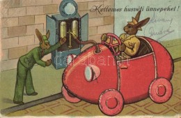 * T3 Húsvét / Easter Greeting Card, Rabbits In Automobile, Decorated (EB) - Ohne Zuordnung