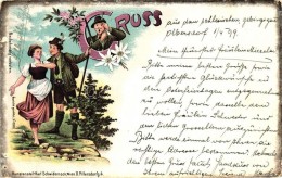 T2/T3 1899 Gruss Aus Den Bergen; Kunstanstalt Karl Schwidernoch / Highlander Folklore, Litho (EK) - Ohne Zuordnung