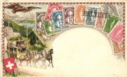 ** T2/T3 Schweizerische Gebirgspost / Swiss Post Carriage, Stamps, Ottmar Zieher's Carte Philatelie No. 39. Litho... - Non Classés