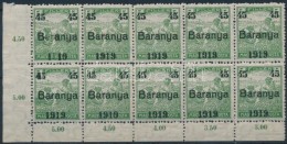 ** Baranya I. 1919 Arató 45f/5f ívsarki Tizestömb Nyomási Eltérésekkel,... - Other & Unclassified