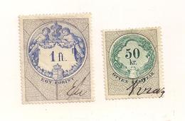 2 Austria Hungary Revenue Urkundenstempelmarken 50kr. + 1 Ft. - 1.4.1891 - Kammzähnung 12 - Fiscale Zegels