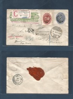 Mexico - Stationery. 1892 (14 July) Zacatecas - Germany, Gladbrach (4 Aug) Registered 5c 1.8c Numeral Stationary + 20c A - Mexico