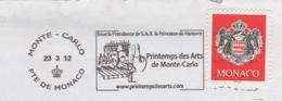 FLAMME ILLUSTREE MONACO MONTE CARLO 2012 - PRINTEMPS DES ARTS SUR BLASON DE LA PRINCIPAUTE - LETTRE ENTIERE A VOIR - Cartas & Documentos