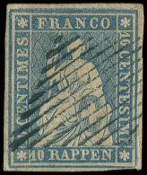 SUISSE 27b : 10r. Bleu, Papier Moyen, Fil Vert, Obl., TTB - Sonstige & Ohne Zuordnung