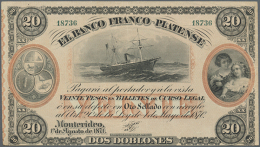 El Banco Franco-Paltense 2 Doblones = 20 Pesos 1870 P. S173br Remainder, Unsigned, Only Light Folds In Paper, One... - Uruguay