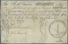 Colonial Currency, South Carolina 10 Pounds June 1st 1775 P. NL, Fr. #SC99, Used With Folds, Stronger Vertical And... - Other & Unclassified