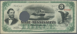 Obsolete Currency State Of Mississippi, 3 Dollars 1870, Bank Cancelled With One Hole, Light Handling In Paper,... - Other & Unclassified