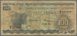 100 Francs 1960 With Handstamp "Banque Nationale Du Rwanda" At Right, P.3 In Well Worn Condition With Stained And... - Rwanda