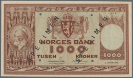 1000 Kroner 1949 Specimen P. 35s With Zero Serial Numbers, Black Specimen Overprint, Cancellation Holes, In Crisp... - Norway