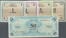 Set Of 5 Different Notes Containing 1, 2, 5, 10 And 50 Lire 1943 P. M10b-M14b, The First 3 Notes In UNC Condition,... - Other & Unclassified