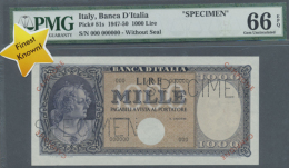 CAMPIONE 1000 Lire 1947-50 SPECIMEN, P.81s In Perfect UNC Condition, PMG Graded 66 Gem Uncirculated EPQ (R) - Other & Unclassified