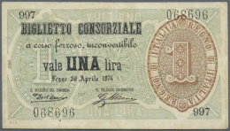 1 Lira 1874 P. 2, 3 Stronger Vertical Folds, No Holes Or Tears, Still Strong Paper, Condition: F+. (D) - Other & Unclassified
