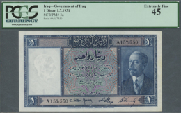 1 Dinar 1931 P. 3a, Very Rare Note In Great Crisp Condition With Bright Colors, PCGS Graded 45 Extremly Fine. (R) - Iraq