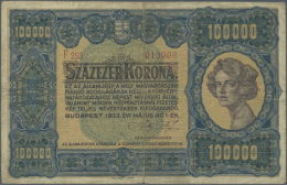 100.000 Korona 1923, P.72a In Used Condition With A Number Of Folds, Stained And Yellowed Paper And Tiny Tears At... - Hungary