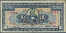 10 Drachmai 1926 P. 88a, Used With Strong Center Fold, Vertical And Horizontal Folding, Light Staining At Upper... - Greece