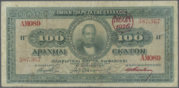 100 Drachmai 1923 With Red Overprint "NEON 1926", P.85b In Used Condition With Stained Paper, Several Folds And... - Greece