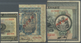 Set Of 3 Notes Containing 50, 100 And 500 Drachmai ND(1926) Half Notes P. 80-82, All Used With Folds And Handling... - Greece