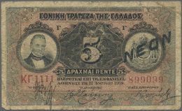 5 Drachmai 1918 (1922) With Overprint "NEON", P.64 In Well Worn Condition With Many Folds, Dirty Paper And Several... - Greece