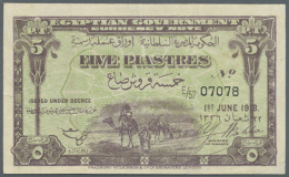 Egypt: 5 Piastres 1918 P. 162, Pressed, 2 Light Vertical Folds And One Light Corner Fold, But Still Nice Original... - Egypt