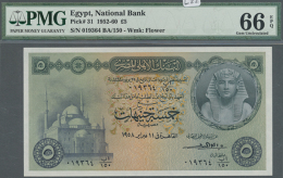 Egypt: 5 Pounds 1958 P. 31, PMG Graded 66 Gem UNC EPQ. (D) - Egypt
