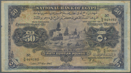 Egypt: 50 Pounds 1945 P. 15d, Used With Stained But Still Strong Paper, Horizontal And Vertical Folds, Ink Writing... - Egypt