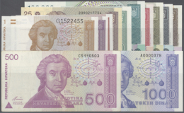 Set With 12 Banknotes Series 1991-1993 From 1 - 100.000 Dinara, P.16-27, All In Uncirculated Condition Except The... - Croatia