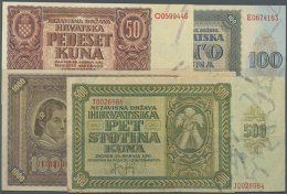 Set Of 4 Notes Containing 50 Kuna 1941 P. 5b (aUNC), 100 Kuna 1941 P. 6a (UNC), 500 Kuna 1941 P. 7b (F) And 1000... - Croatia