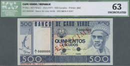 500 Escudos 1977 Specimen P. 55s1 With Specimen Overprint And 2 Bank Cancellation Holes, ICG Graded 63 UNC. (D) - Cape Verde