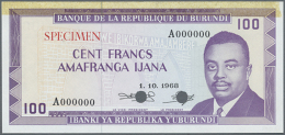 100 Francs 1968 Specimen P. 23a, With Yellow Glue Trace From Former Mounting, Condition: AUNC. (D) - Burundi