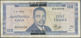 100 Francs 1965 With Black Overprint P. 17a, Used With Center Fold, Light Stain In Paper, No Holes, Still Strong... - Burundi