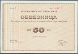 Republika Srpska, Banja Luka Region, Debenture Bon 50 DEM 1994, P.NL In Nearly Perfect Condition With Minor Creases... - Bosnia And Herzegovina