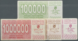 Set Of 4 Notes Containing 50.000, 100.000, 500.000 And 1.000.000 Dinara 1992 P. 29, 31-33, Mostly Used With Folds... - Bosnia And Herzegovina