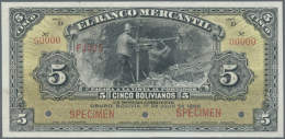 5 Bolivianos 1906 Specimen P. S173as Issued By "El Banco Mercantil" With Two Red "Specimen" Overprints At Lower... - Bolivia