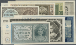 Set Of 7 Different Notes Containing 1 Koruna ND(1940) P. 3a (UNC), 5 Korun ND(1940) P. 4a (aUNC, Light Corner Fold... - Other & Unclassified