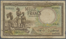 Belgian Congo: 1000 Francs 1947, P.19b In Well Worn Condition With Many Folds And Creases, Stained Paper, Tiny... - Unclassified