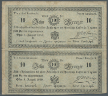 2 Uncut Pcs 10 Kreuzer 1849 P. A92B, Folded With Light Stain In Paper, Condition: F. (D) - Austria