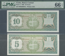 Aruba: Set Of 2 Notes 5 And 10 Florin 1986 P. 1 & P. 2, The 5 Florin In Condition UNC, The 10 Florin As PMG... - Aruba (1986-...)