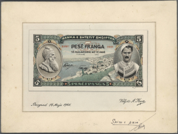 Very Rare Hand Executed Design Studies From The Printing Works For A 5 Franga 1945 Banknote Which Was Never Issued,... - Albania